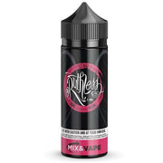 A 100ml bottle of EZ Duz It Ruthless strawberry and watermelon flavor e-liquid with a black label, pink highlights, and white text.